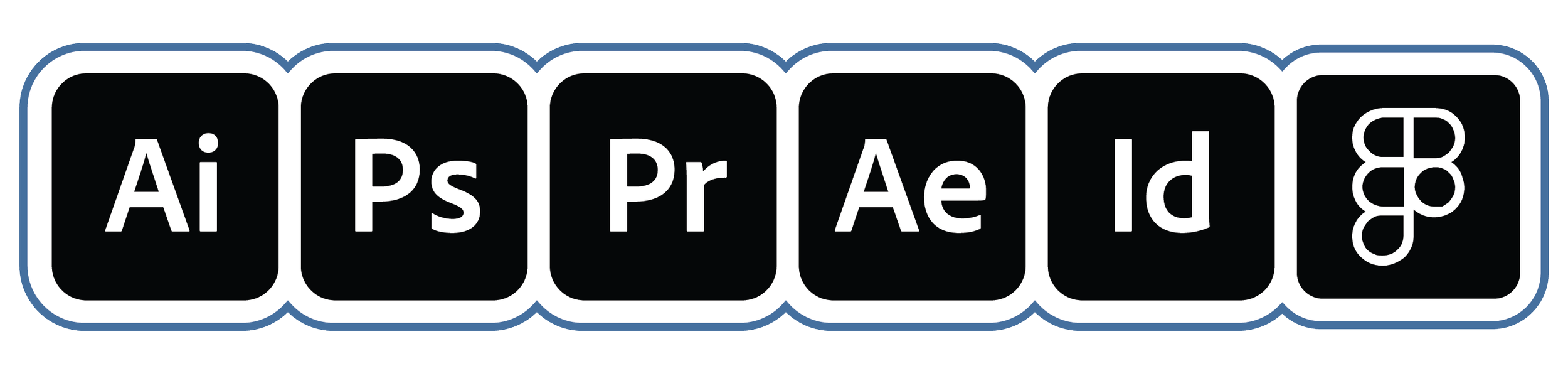 Graphic with icons representing Adobe software programs including Illustrator, Photoshop, Premiere Pro, After Effects, InDesign, and Acrobat.