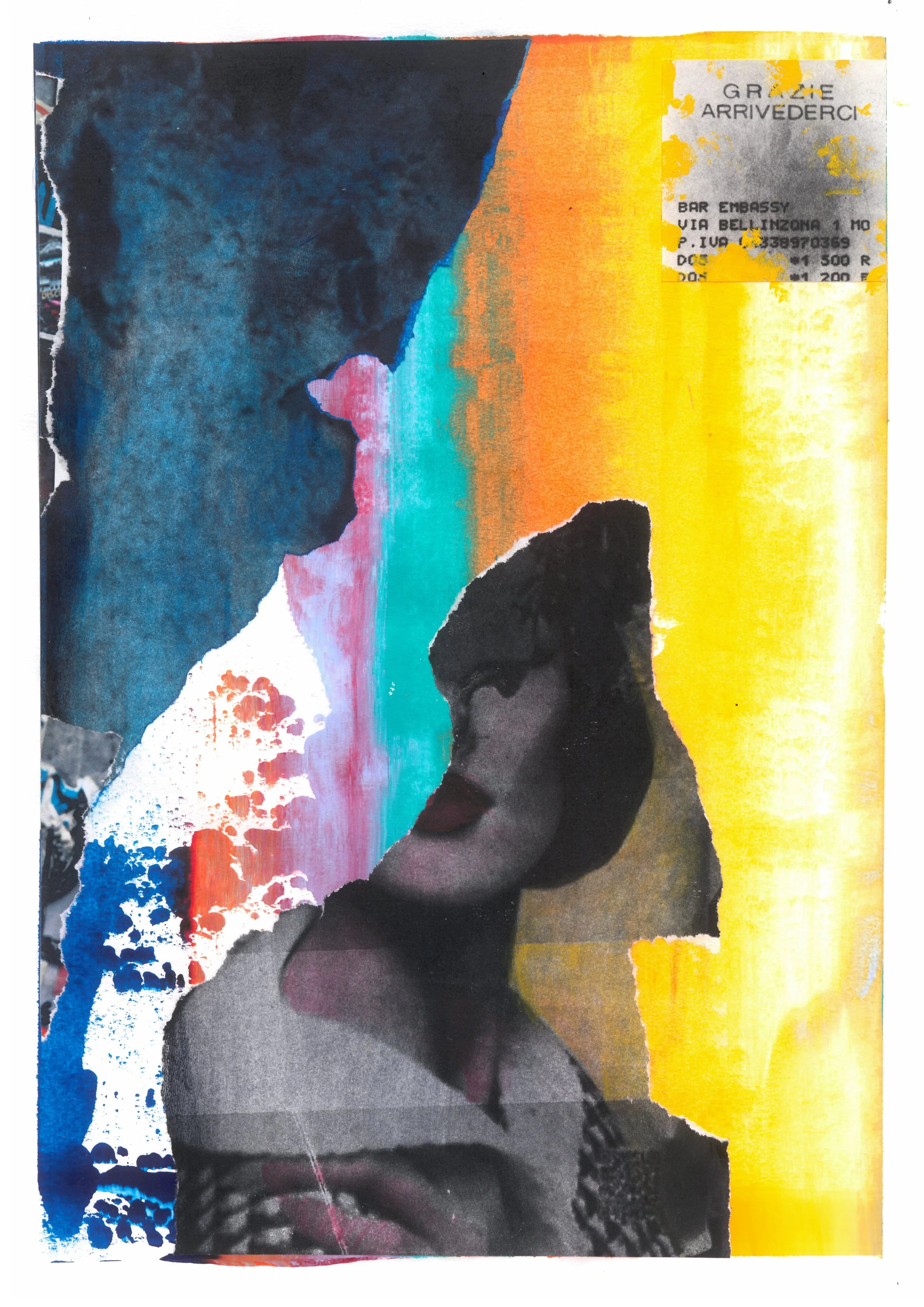 An abstract mixed media artwork featuring a woman's profile in black and white with colorful paint streaks overlaying her face and background, including yellow, orange, blue, pink, and black elements. A small receipt is visible in the top right corner.