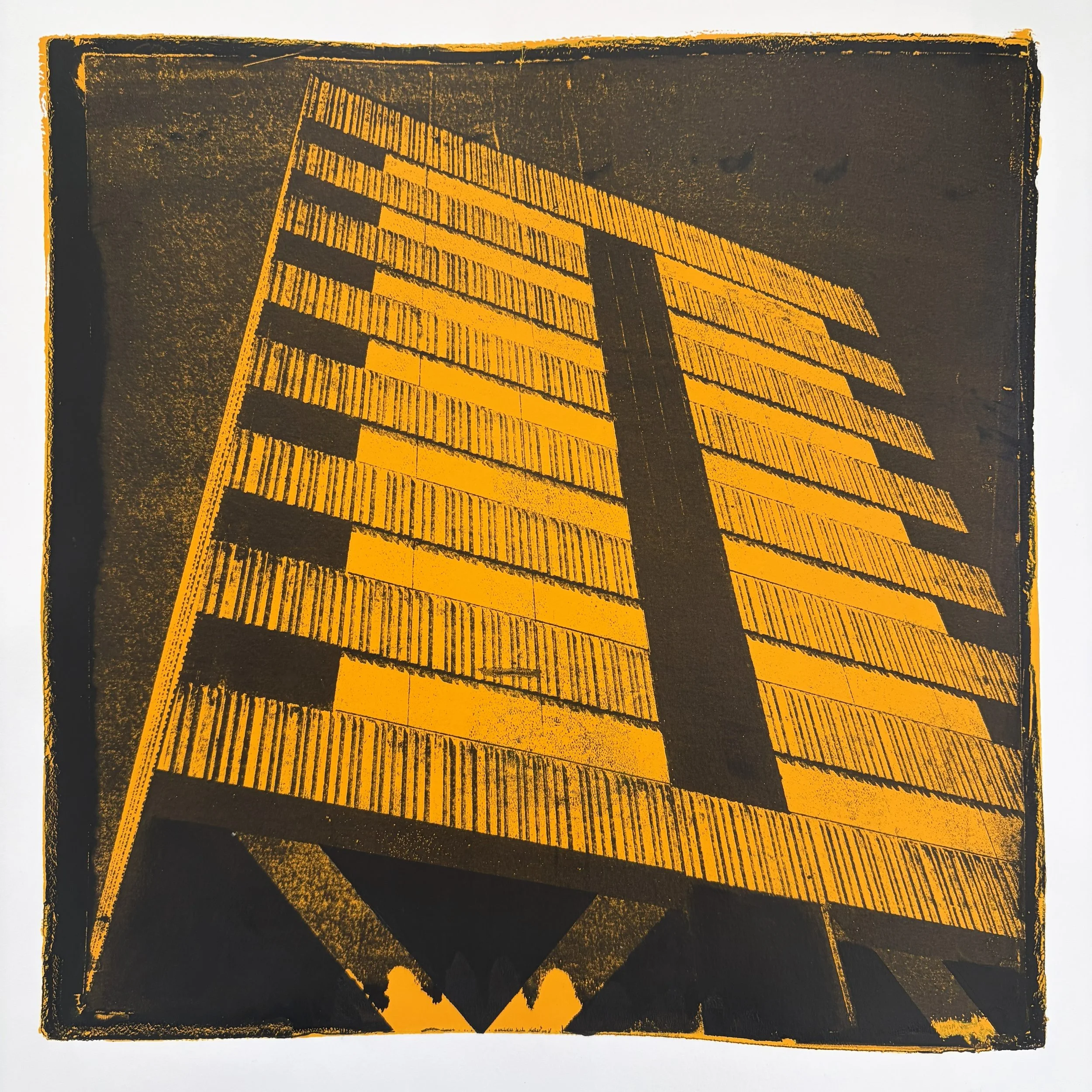 An abstract artwork with yellow and black geometric patterns resembling stairs and shadows.