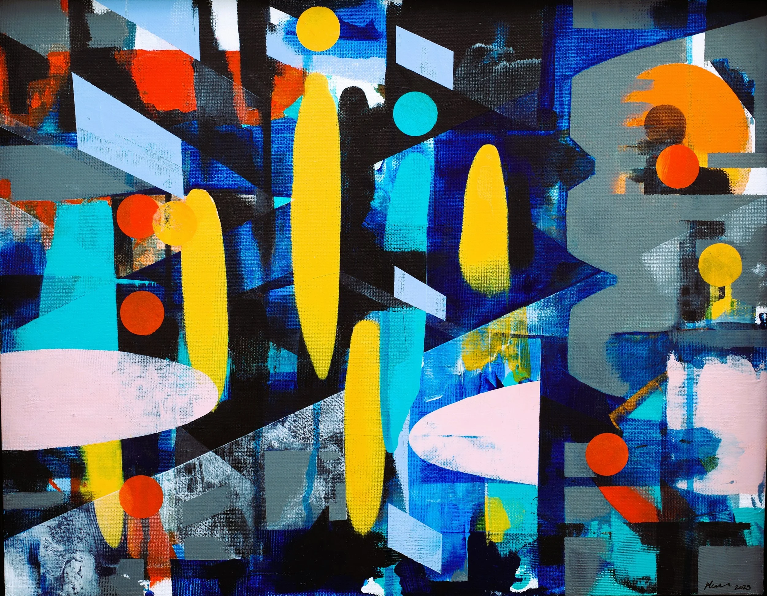 Abstract painting with vibrant colors including blue, yellow, orange, black, and white. Features geometric shapes and overlapping patterns.