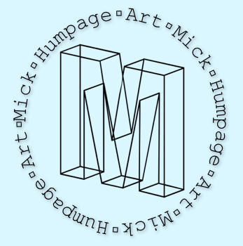 A stylized letter 'M' with a 3D geometric design surrounded by the words 'Art MICK HUMPAGE' repeated in a circle.