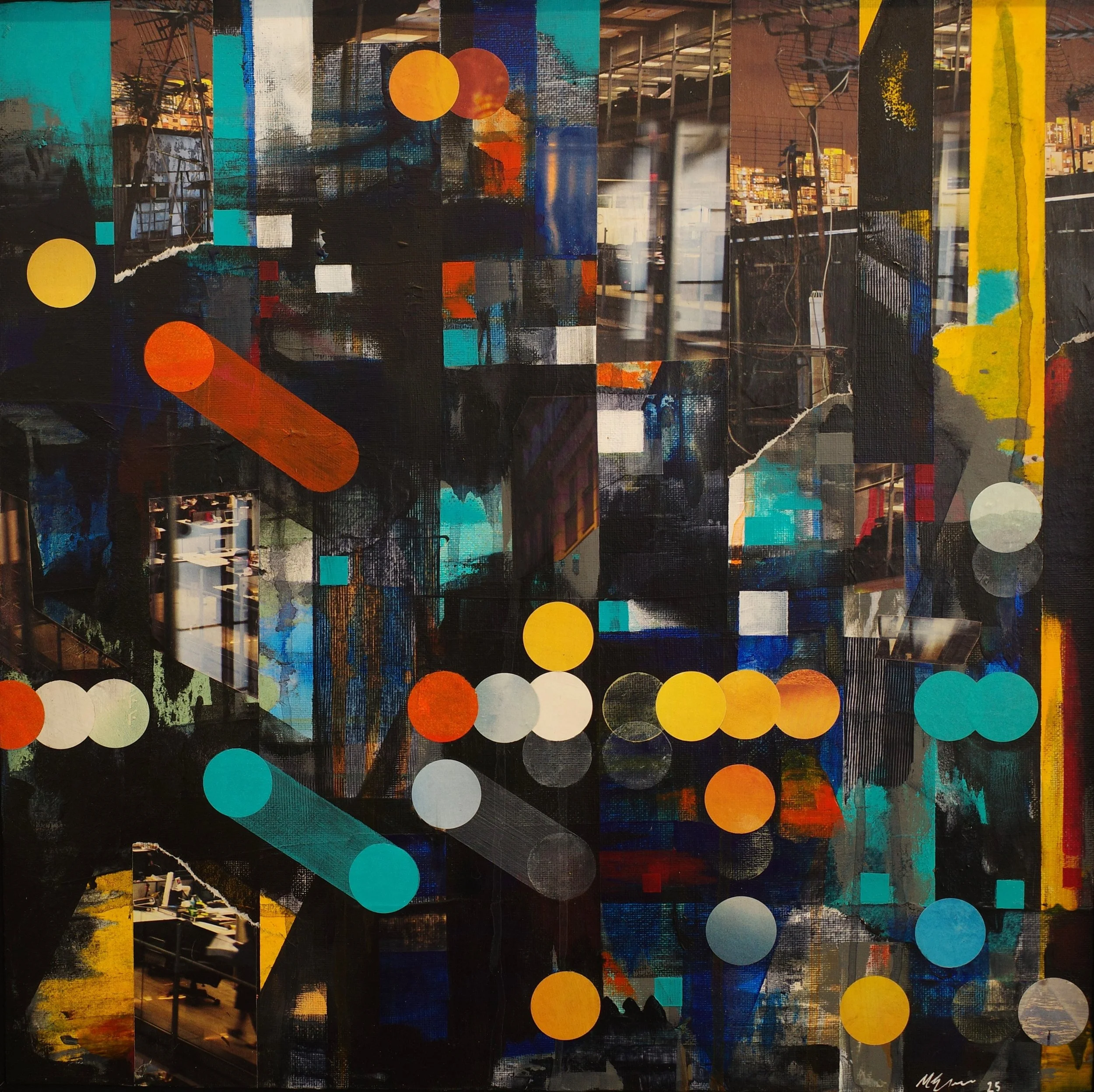 Abstract mixed media artwork with cityscape, geometric shapes, and vibrant colors, including circles, rectangles, and lines.