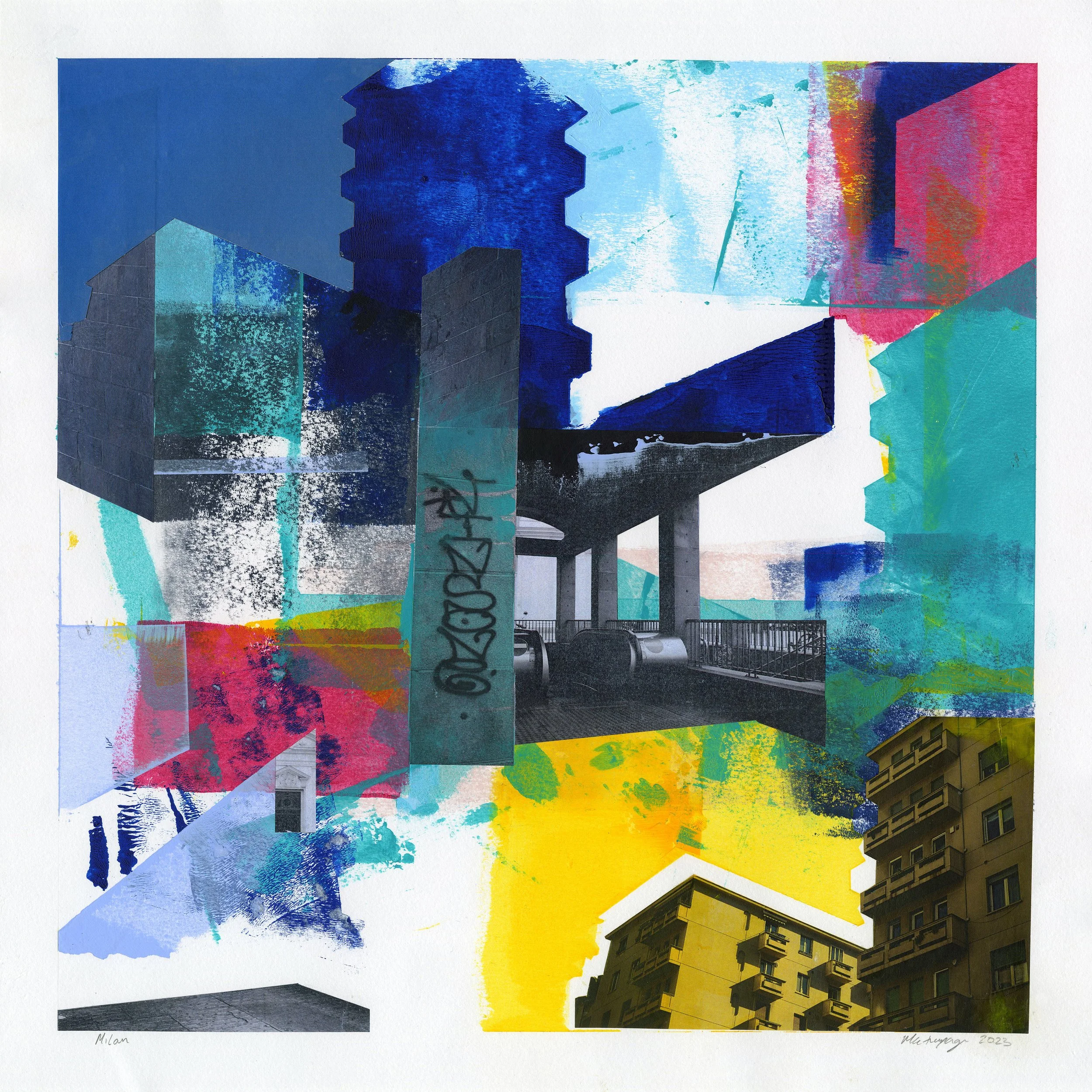 Abstract digital artwork depicting buildings with colorful splashes of paint and graffiti, with a black and yellow building in the lower right corner.