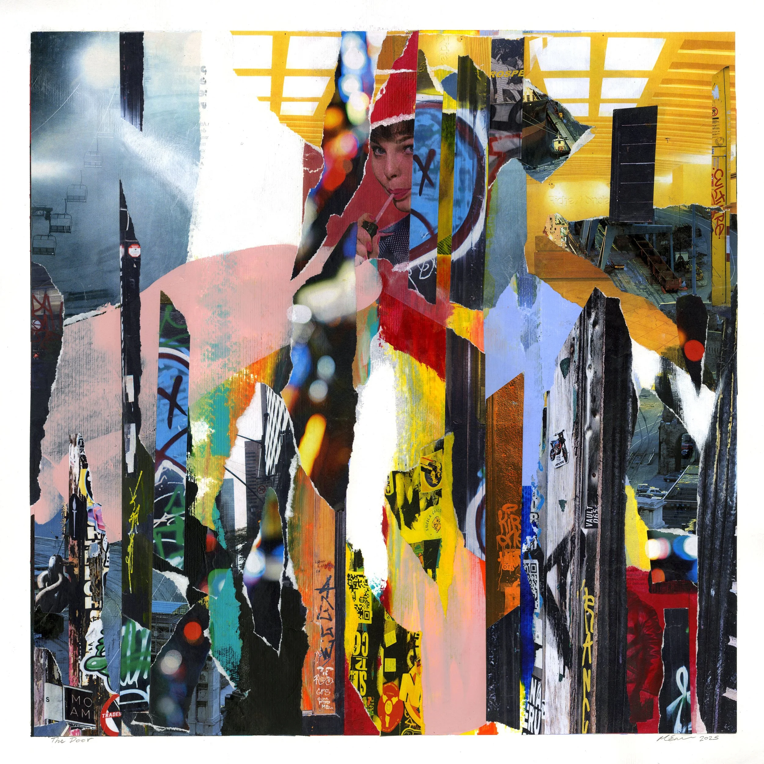 Collage of torn paper with images including a woman drinking from a straw, a yellow train, city street signs, and various graffiti and advertisements, creating an abstract mosaic.