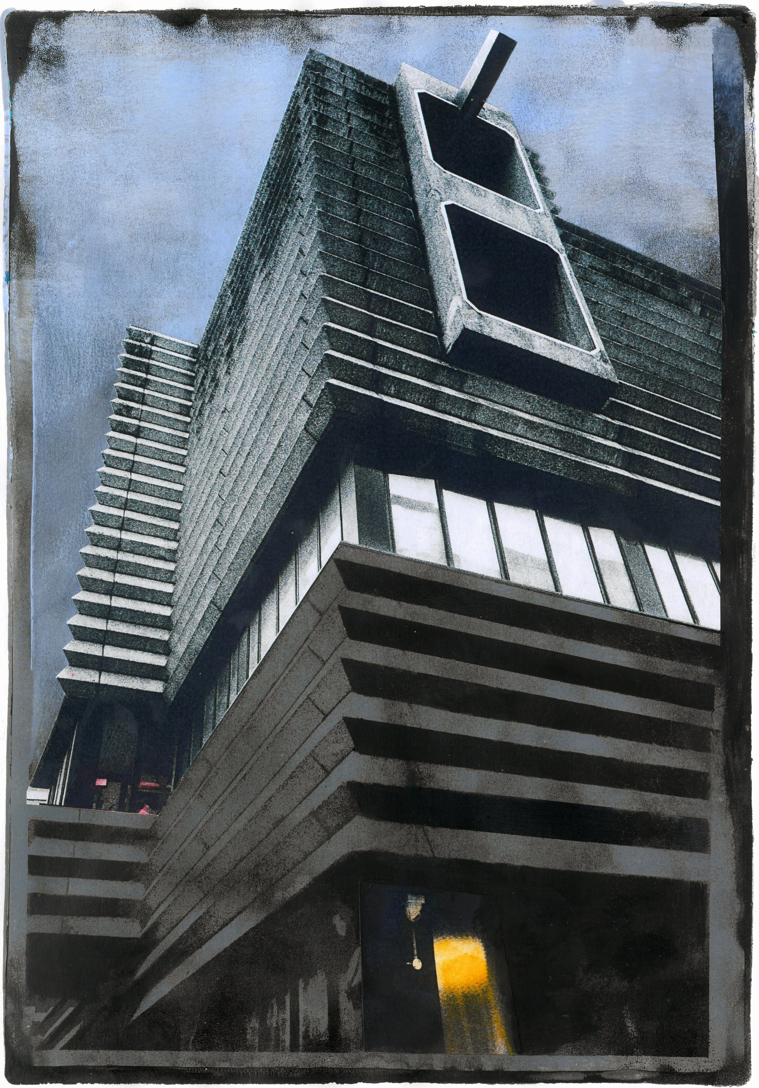 A tall modern building with horizontal and vertical lines, and a large, geometric letter 'A' on the facade. The photograph is taken from a low angle, showing part of the building's exterior against a cloudy sky.