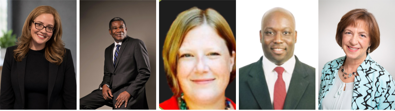 Five professional headshots of diverse men and women in business attire.