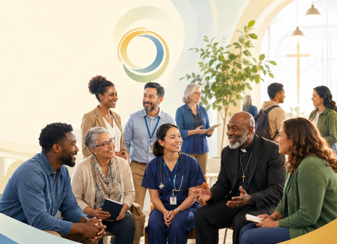 A diverse group of people in a healthcare setting, engaging in conversation and smiling, with a cross visible in the background.