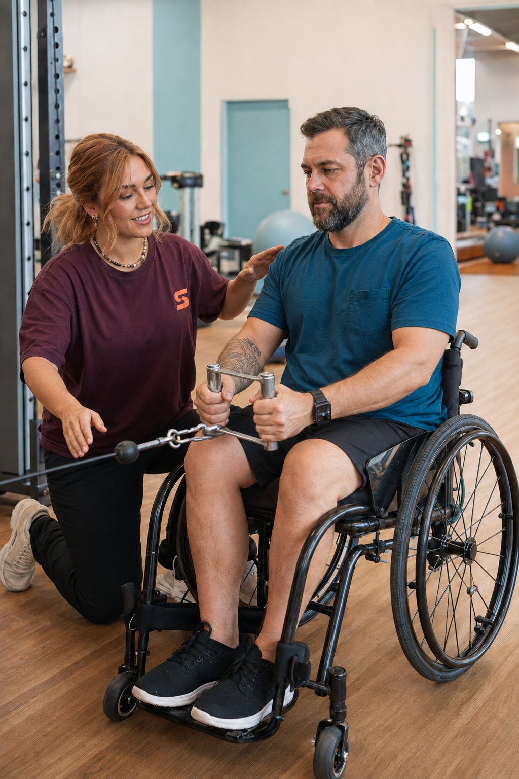 A man in a wheelchair using a cable machine with a physical therapist assisting him during a workout at a gym.