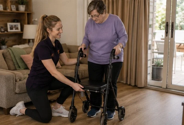 A young woman in a dark uniform assisting an elderly woman with a walker in a living room.