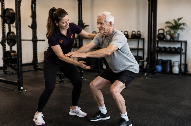 A young female trainer helping an elderly man perform an exercise in a gym.