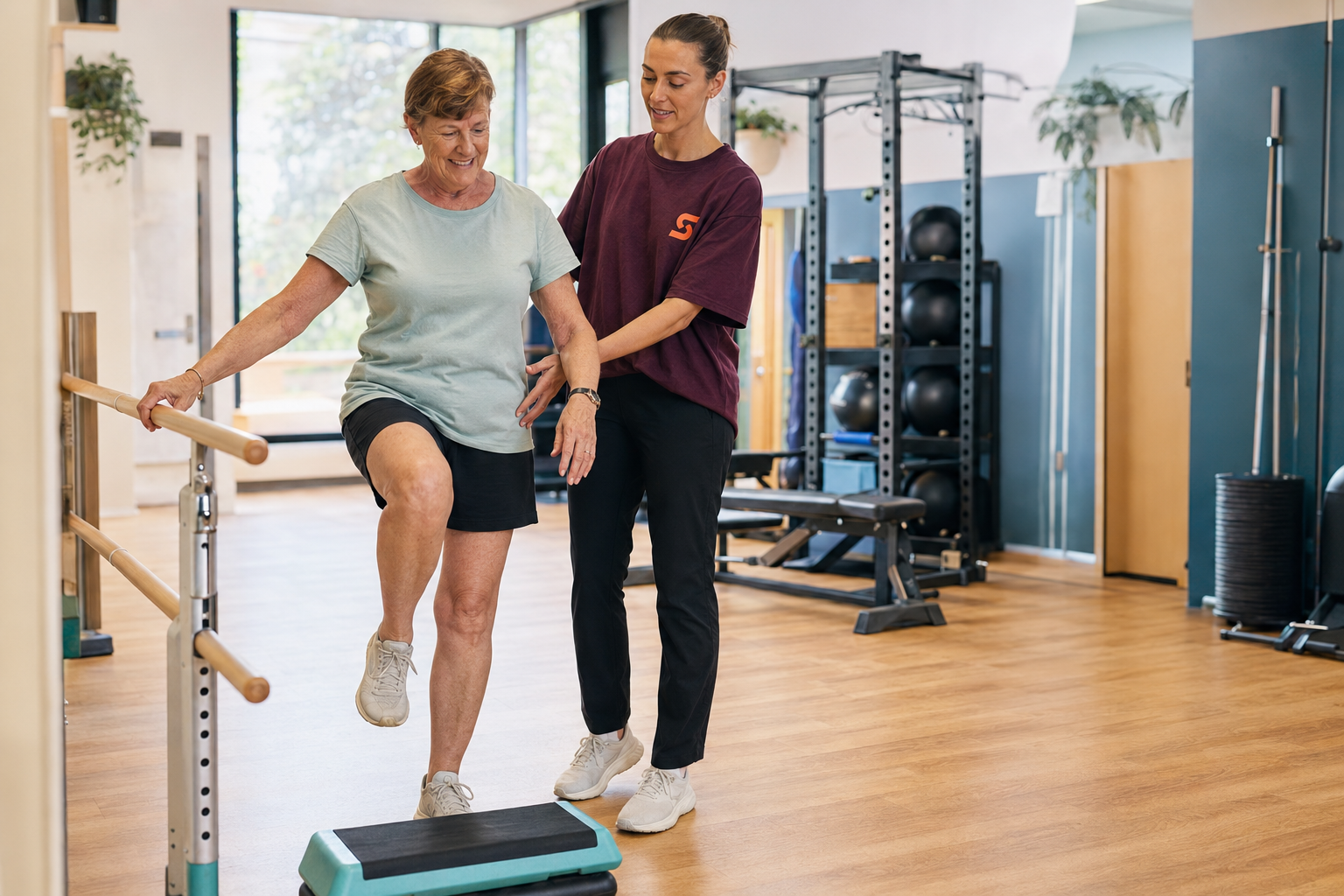 An elderly woman practicing physical therapy with assistance from a therapist in a gym, standing on a small step platform with her knee raised, using a handrail for support.