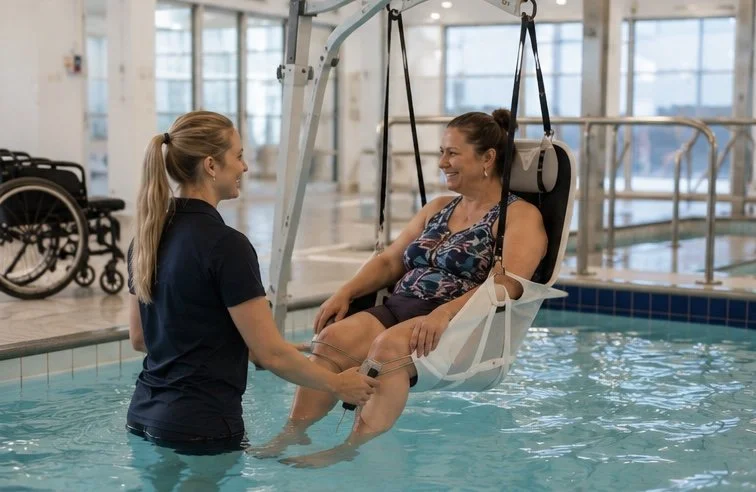 A woman in a pool assisting an elderly woman in a shower chair lift therapy device.