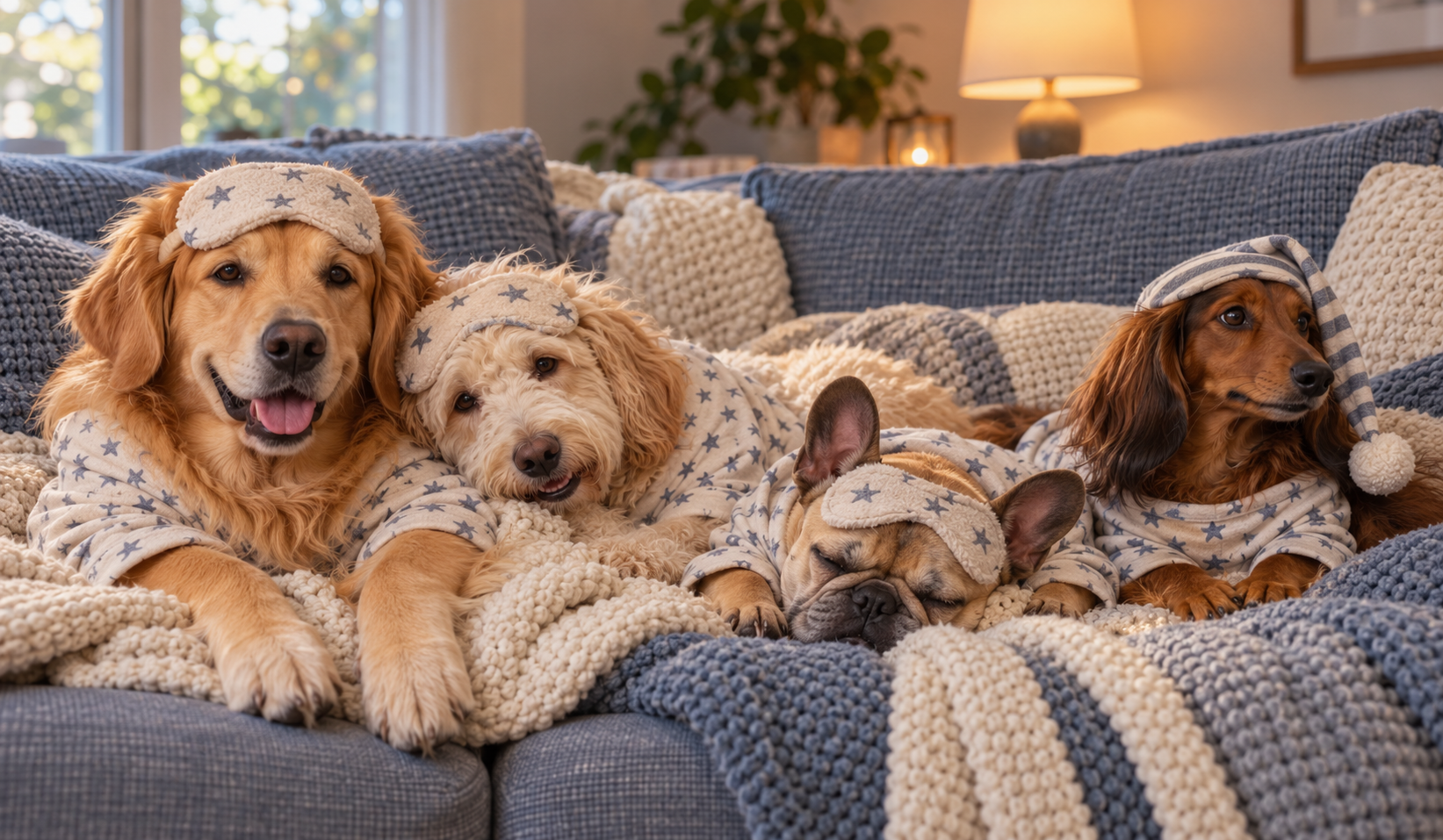 Four dogs in pajamas relax on a couch with sleep masks and a nightcap; a French bulldog snoozes on a knitted blanket.