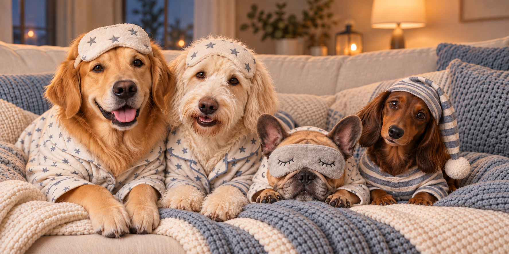 Four dogs in pajamas with sleep masks and a nightcap, including a cream doodle.