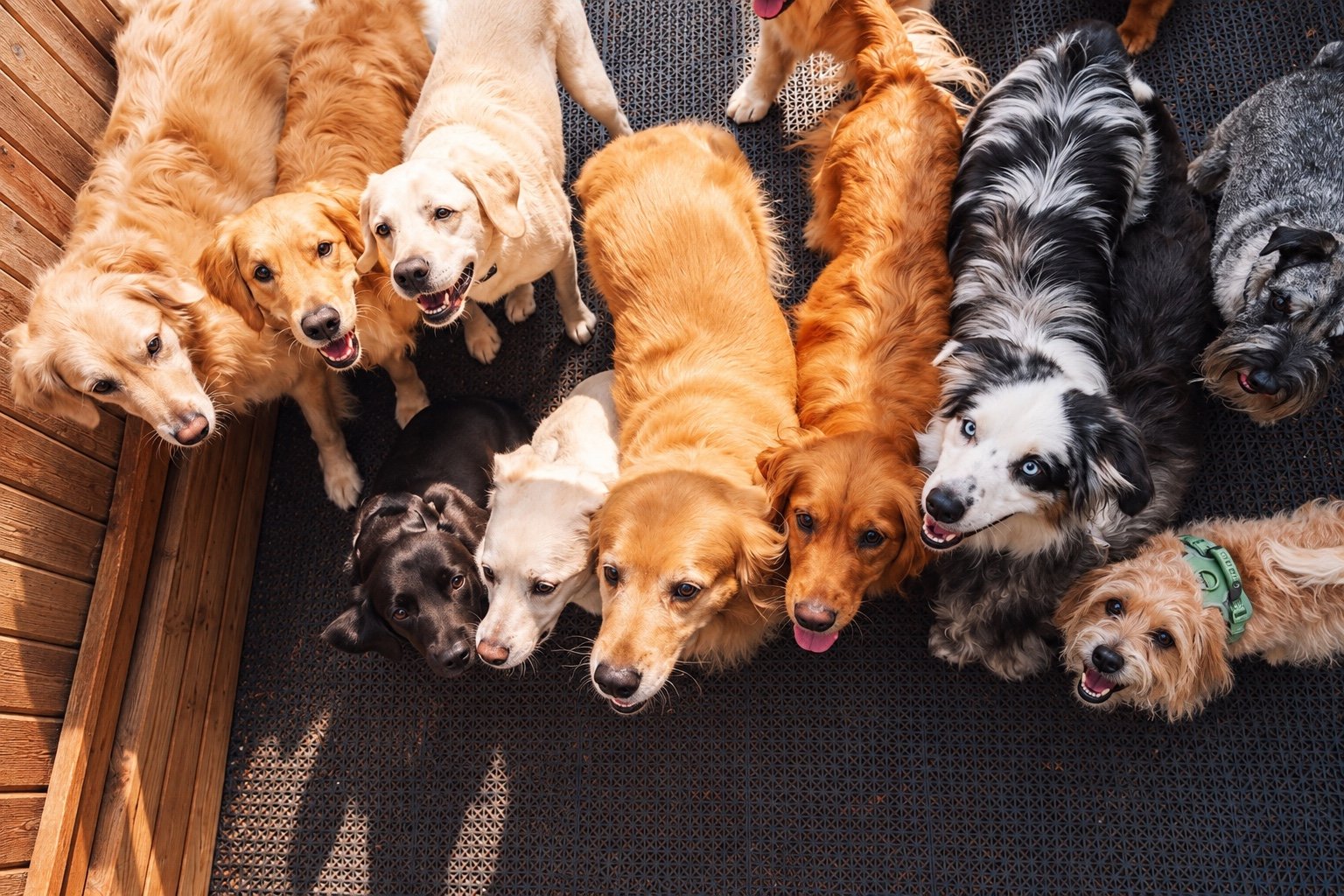 A group of dogs at Wag Along Pet Care looking up together, including Golden Retrievers, Labradors and a blue-eyed Australian Shepherd.