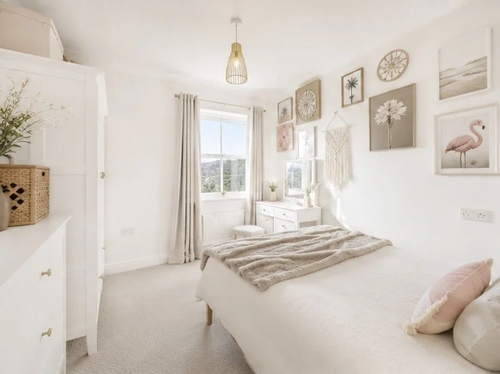 Bright bedroom with white walls, bed with beige blanket and pink pillow, picture gallery with pastel-themed artwork, white furniture, window with curtains, and decorative wall hanging.