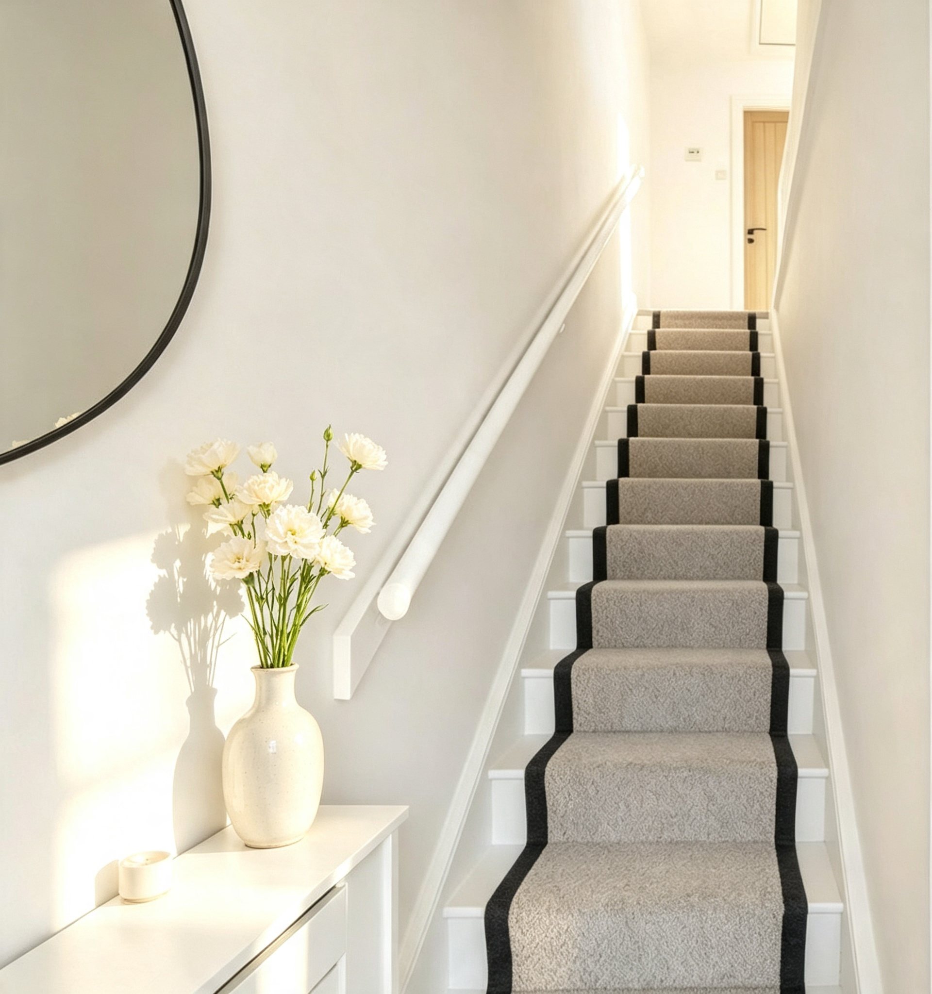 A staircase with beige carpeted steps and black trim, white walls, a white railing, a round mirror reflecting part of a hallway, a wooden door, and a small table with white flowers in a tall vase.