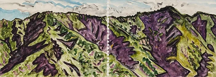Colorful watercolor painting of green and purple mountains under a cloudy sky.