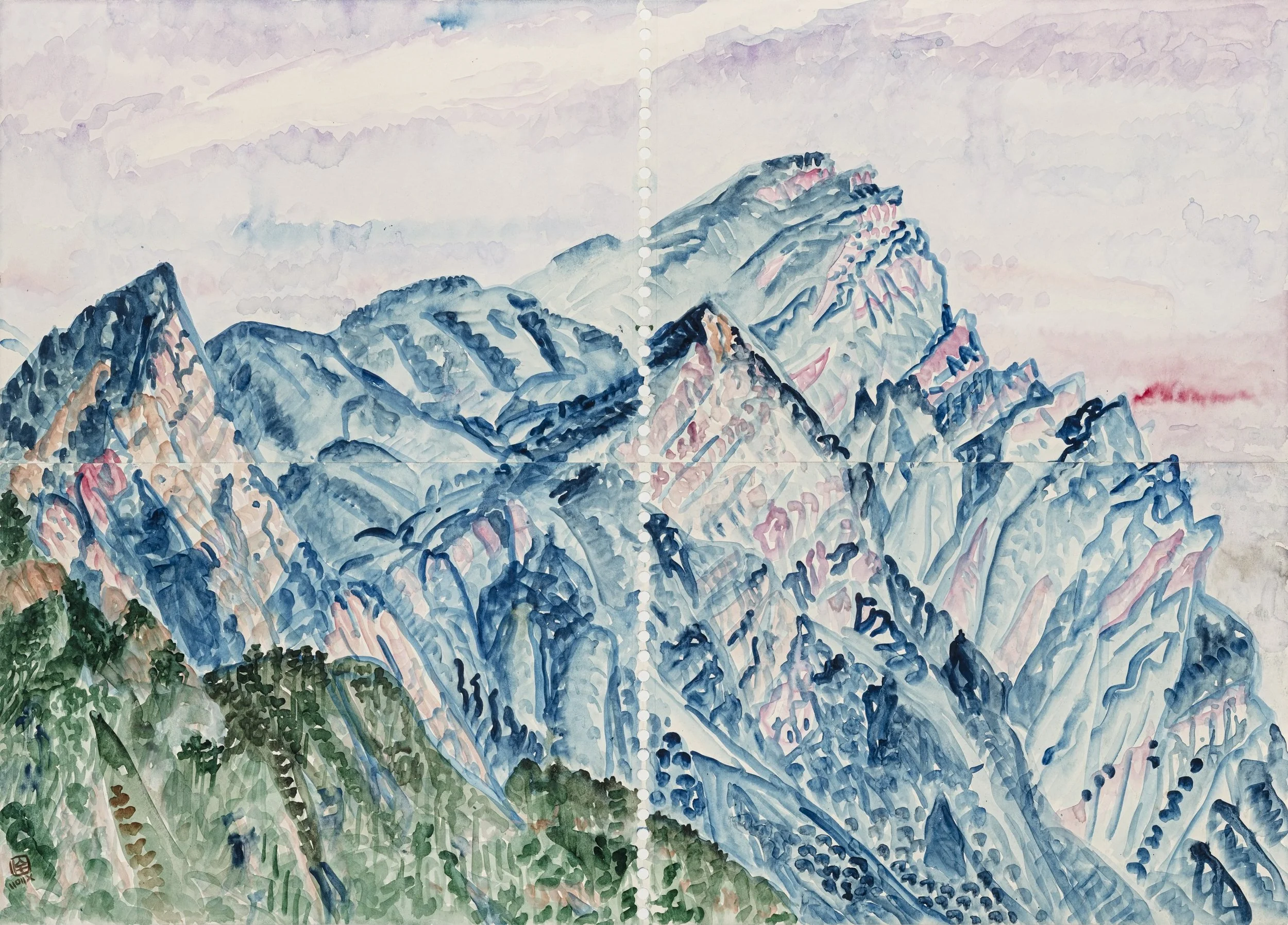 A watercolor painting of a mountain range with snow-capped peaks, green forests at the base, and pastel-colored sky in the background.