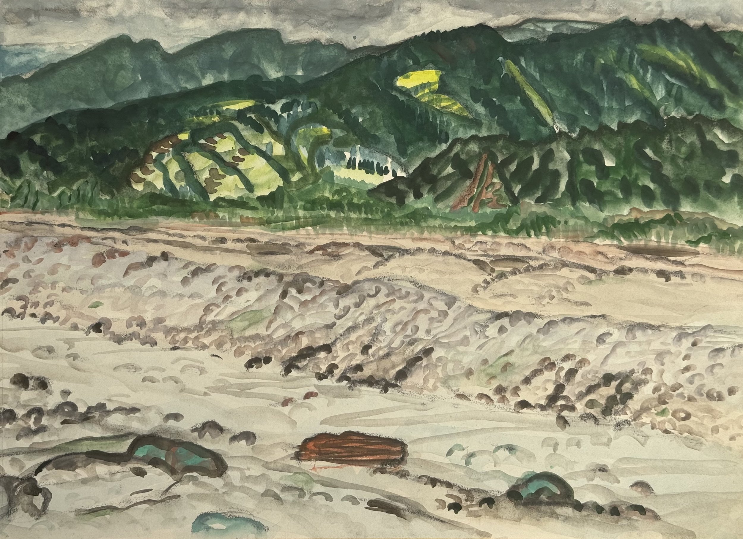 Watercolor painting of a mountain landscape with lush green hills and trees. The foreground depicts a rocky, earthy terrain with a small red structure at the bottom center. The background shows layered mountain ranges under a cloudy sky.