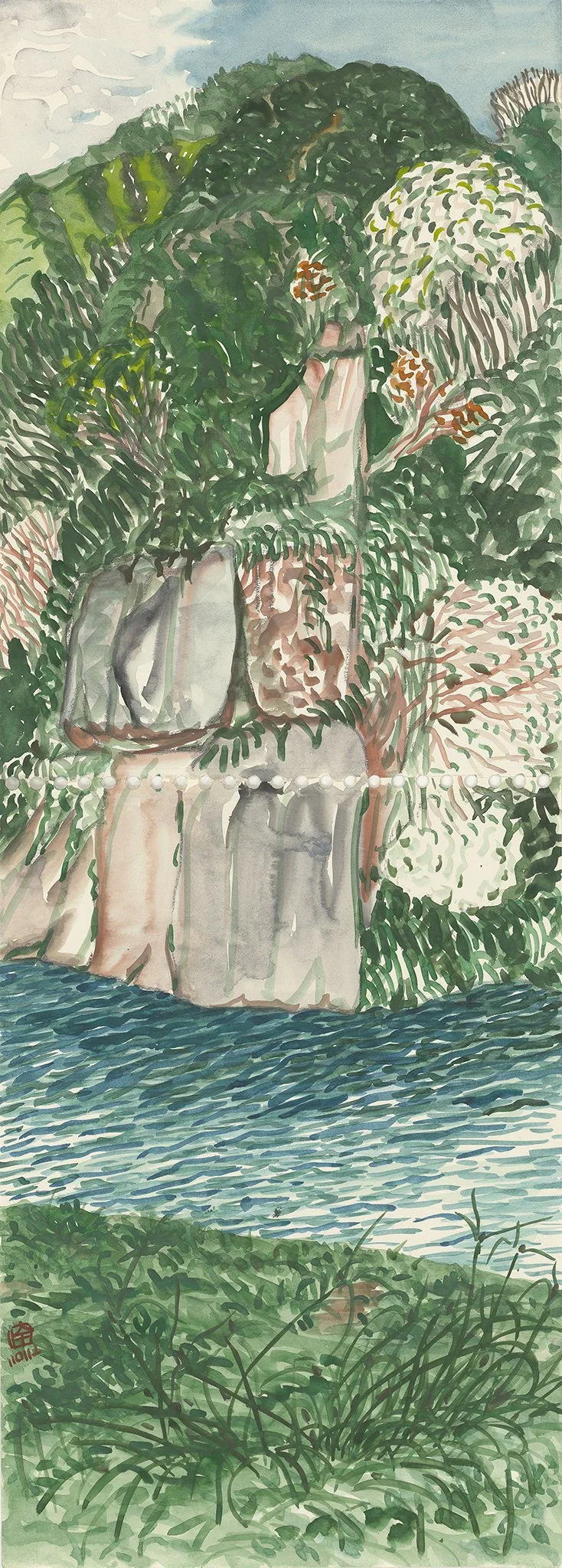 A watercolor painting of a lush green landscape with large trees, a waterfall, and water at the bottom, with a blue sky overhead.
