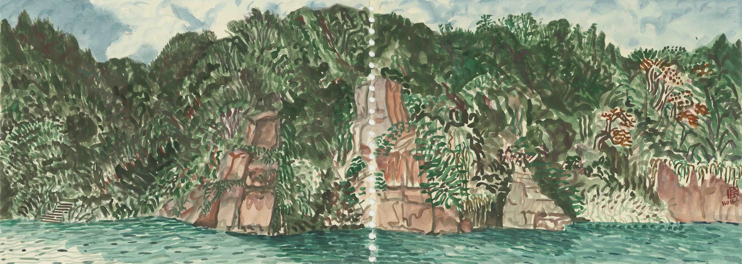 A painting of lush green forested cliffs along a body of water, with a water fall in the center.
