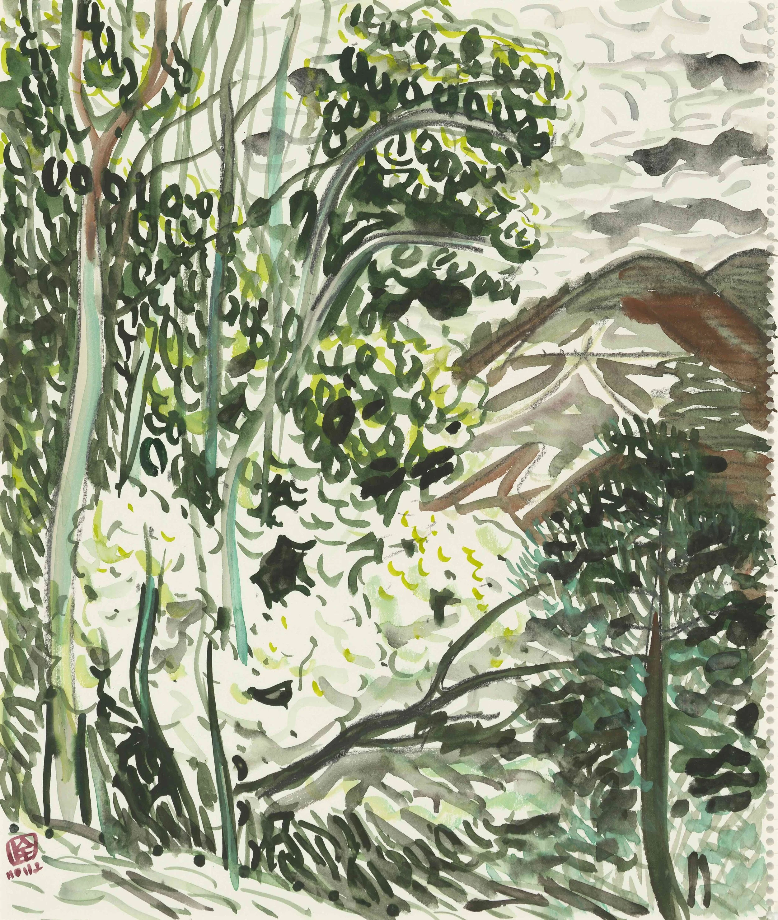 A watercolor painting of a lush green landscape with trees, bushes, and a pathway, featuring abstract, expressive brushstrokes with a mix of dark and vibrant greens, accented by touches of brown and grey.
