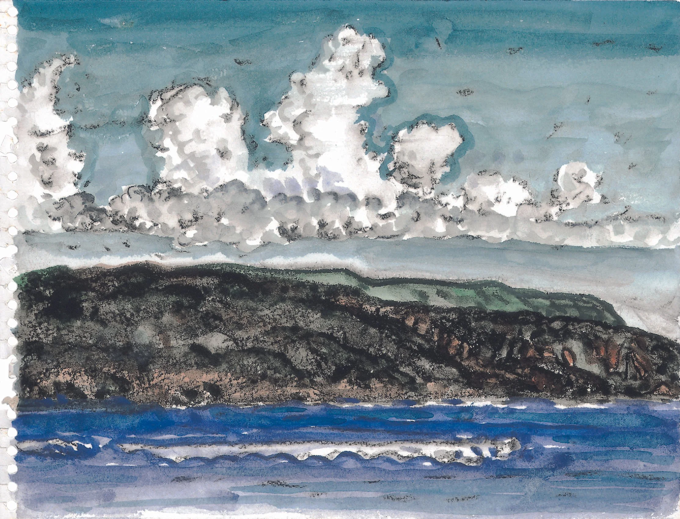 A watercolor painting of a cloudy sky over a landscape with a dark green hill in the foreground.