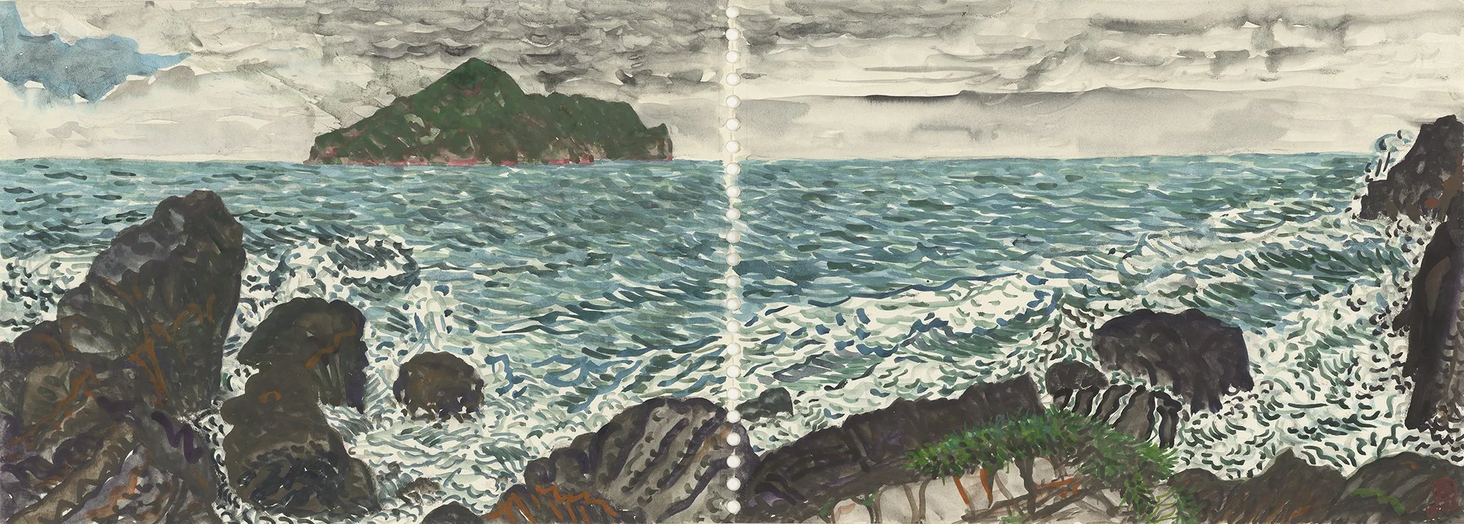 A painting of a seascape with rocky shoreline in the foreground, waves crashing against the rocks, and an island with a steep hill in the distance under a cloudy sky.