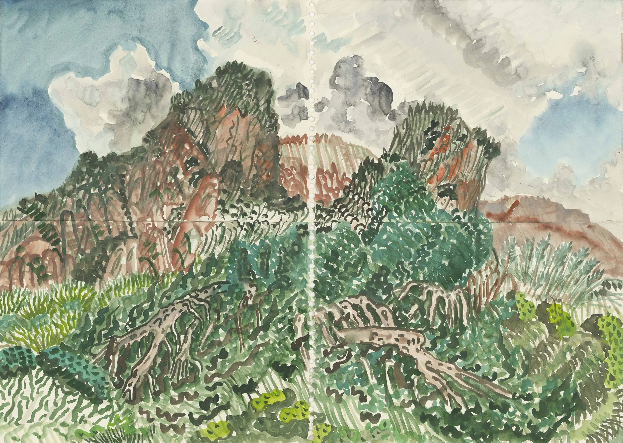 A watercolor painting of a mountain landscape with green, brown, and reddish peaks, surrounded by clouds and a blue sky, with trees and a dirt path in the foreground.