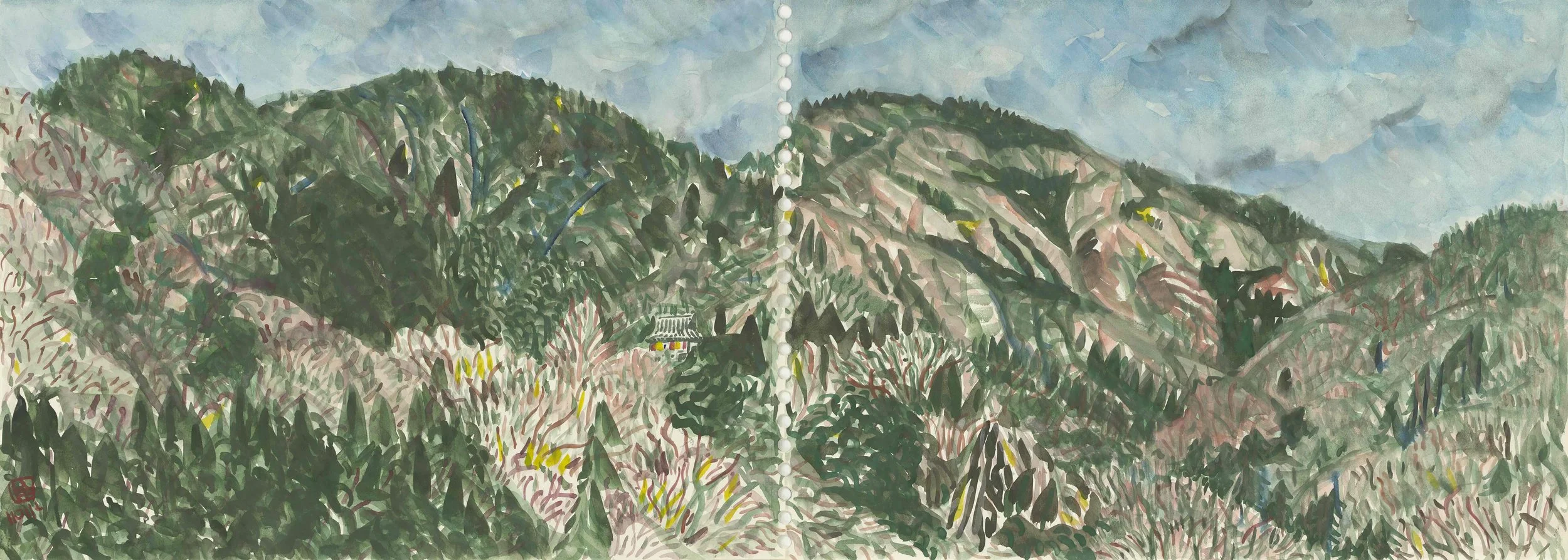 Painting of a mountainous landscape with lush green trees covering the slopes and a cloudy blue sky above.