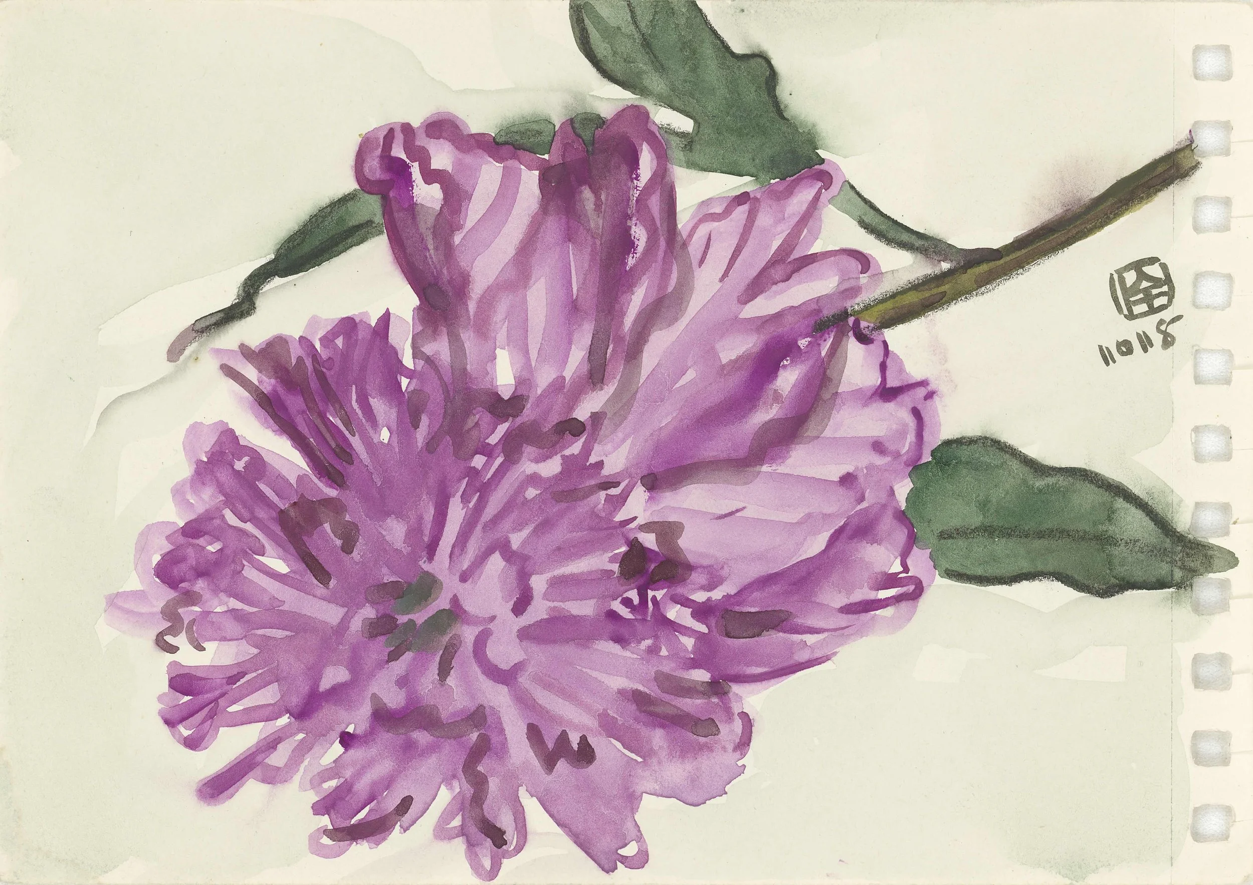 A watercolor painting of pink and purple flowers with green leaves on a light background.