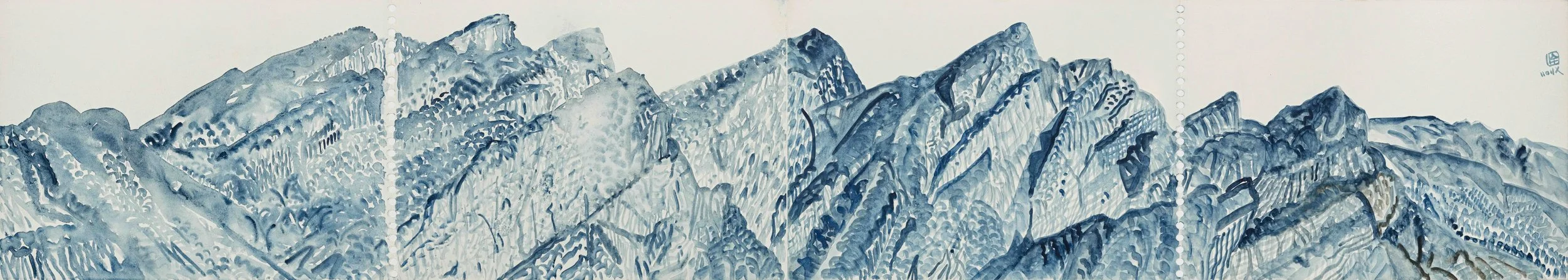 Traditional Japanese ink painting of mountain range with blue and white tones.