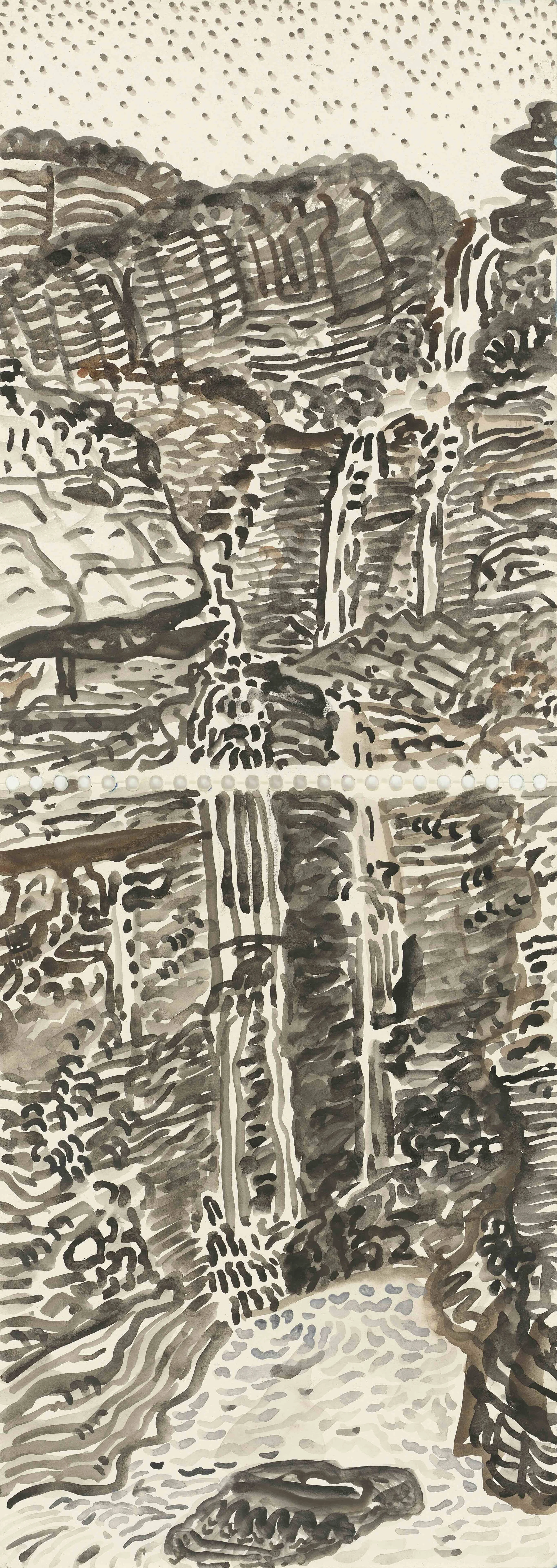 A black and white ink sketch of a waterfall cascading down a rocky cliff with trees and rocks surrounding it.