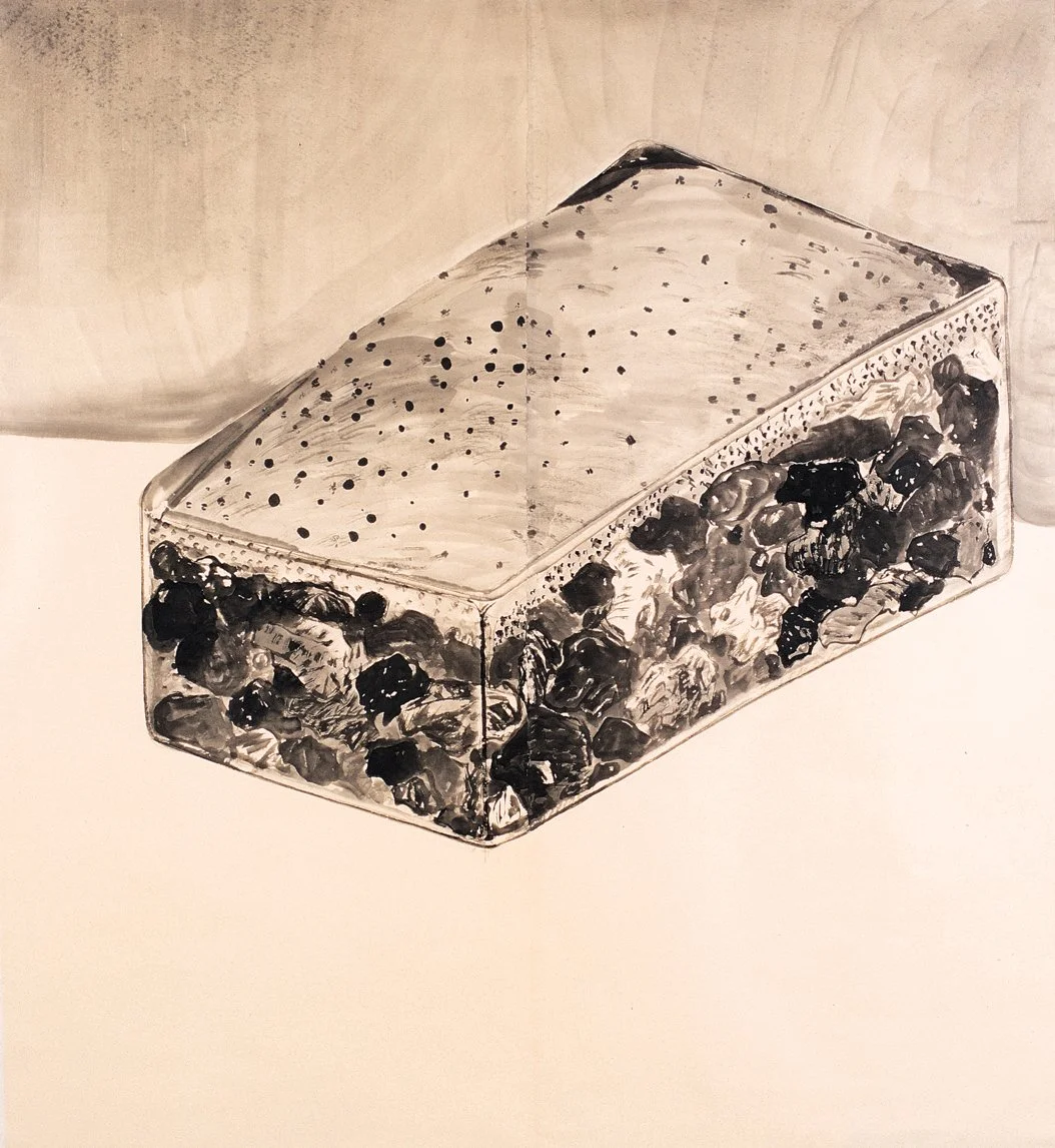 A transparent plastic container with black and white contents, possibly berries or small objects, with holes on the top surface, placed on a white surface against a light-colored background.