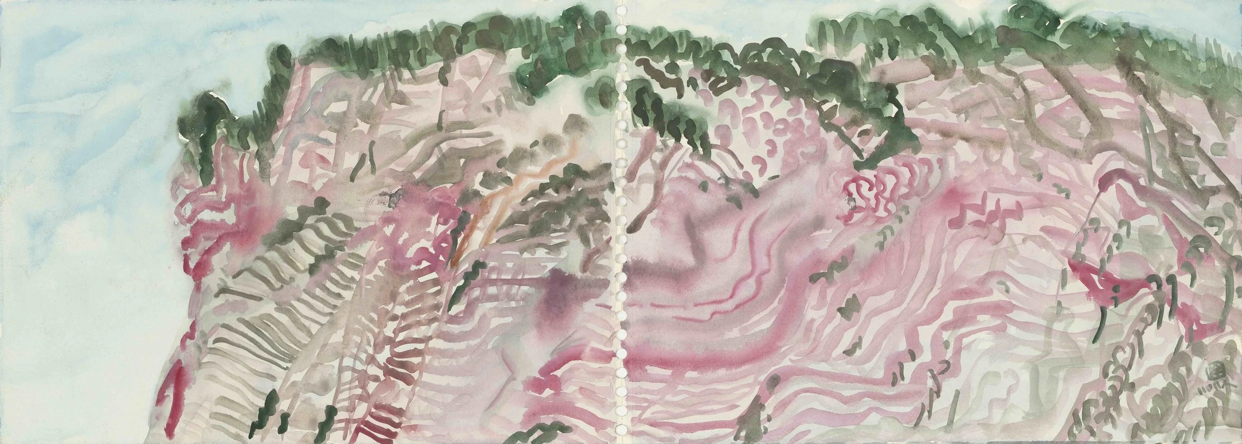 Watercolor painting of a landscape with green trees at the top, pink and white hills in the middle, and abstract warm-colored terrain at the bottom.