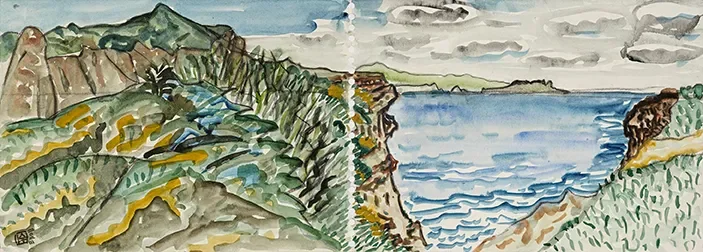 Watercolor painting of a scenic coastal landscape with cliffs, greenery, and a body of water under a cloudy sky.