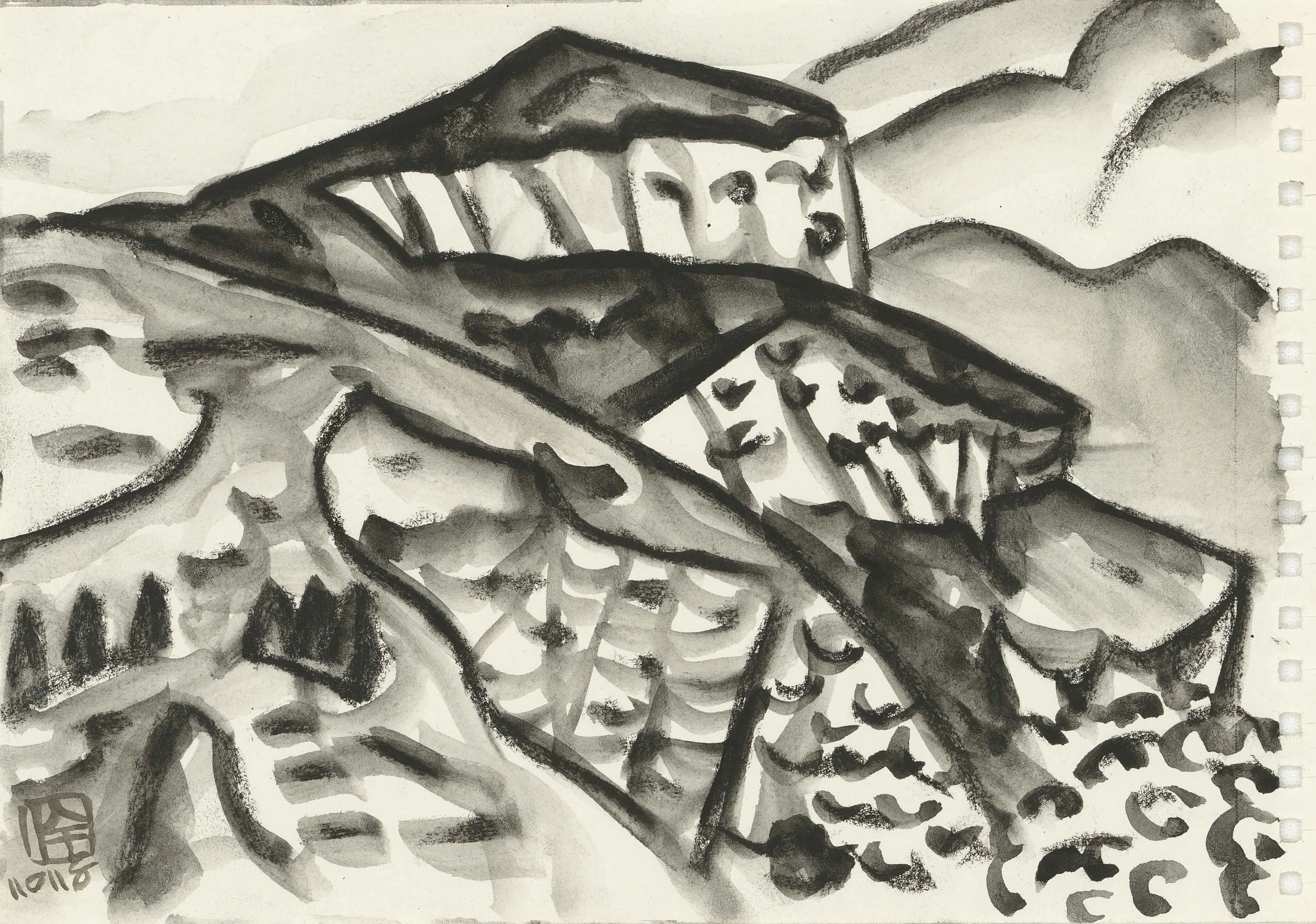 A black and white watercolor painting of a landscape featuring large trees, mountains, and what appears to be a traditional building with a sloped roof.