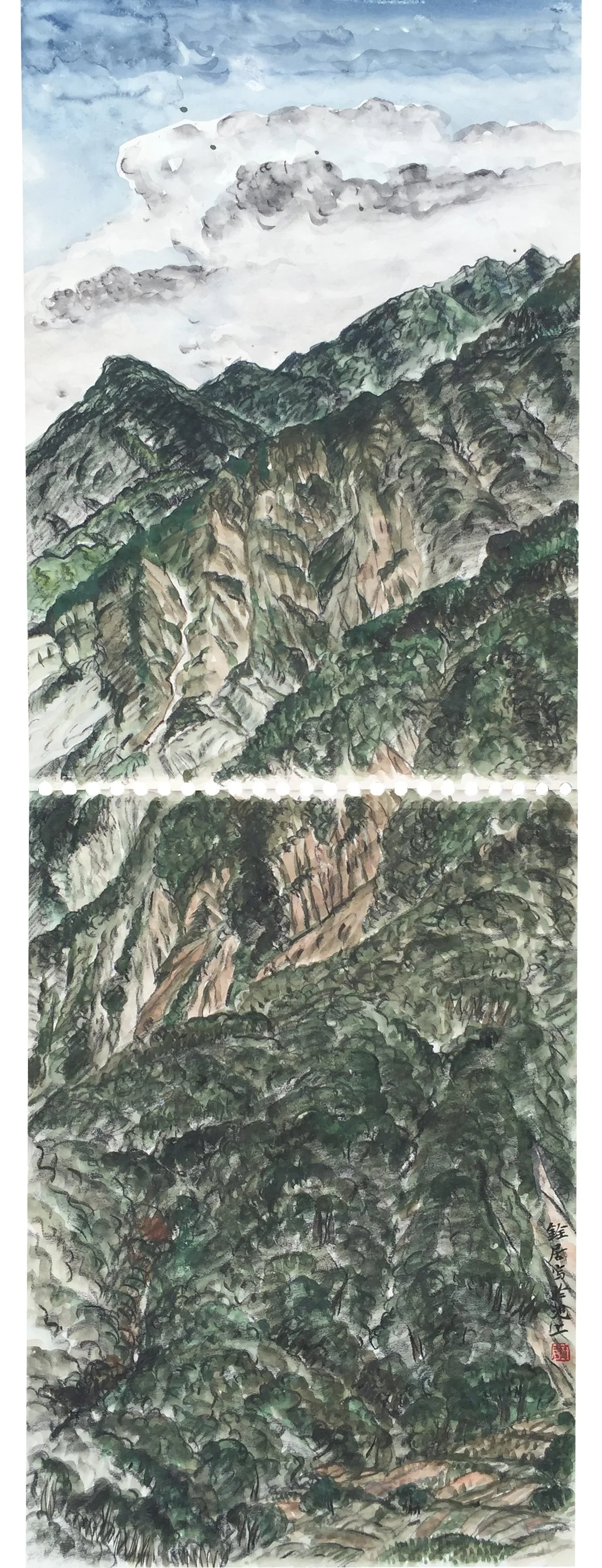 Traditional Chinese landscape painting of mountains, valleys, trees, with a cloudy sky, in watercolor style.