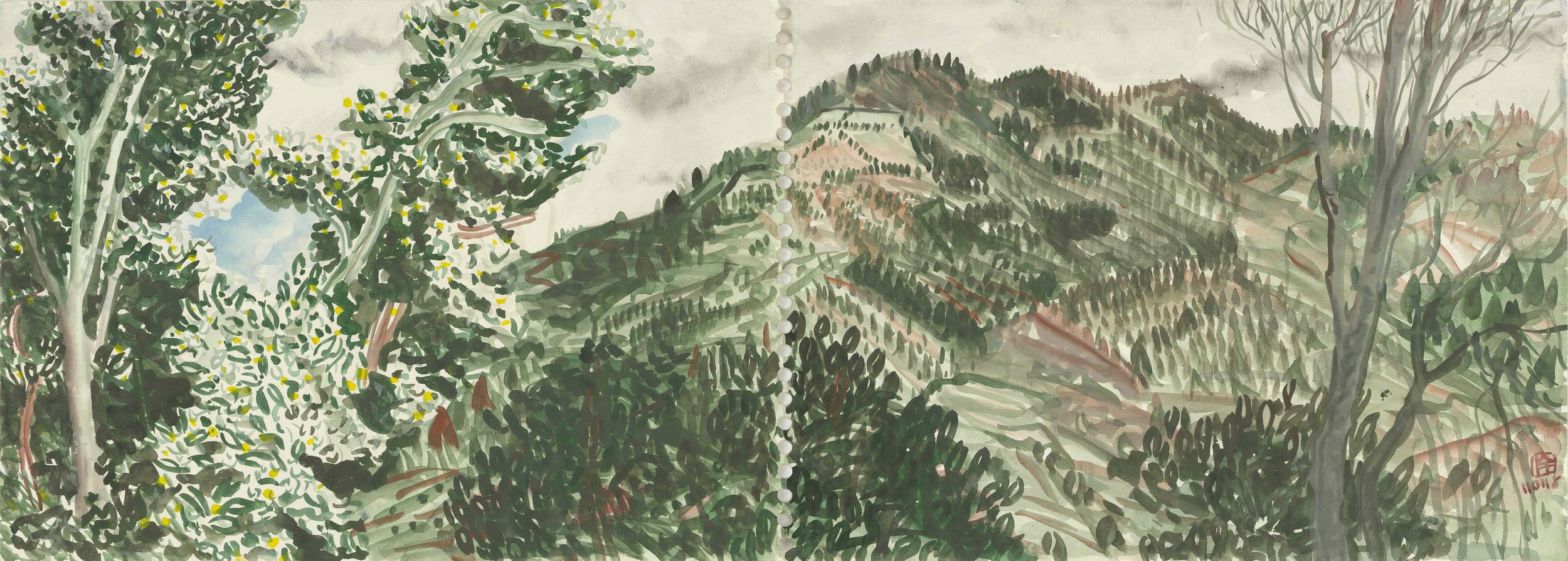A watercolor painting of a lush green mountainous landscape with trees, hills, and a cloudy sky.