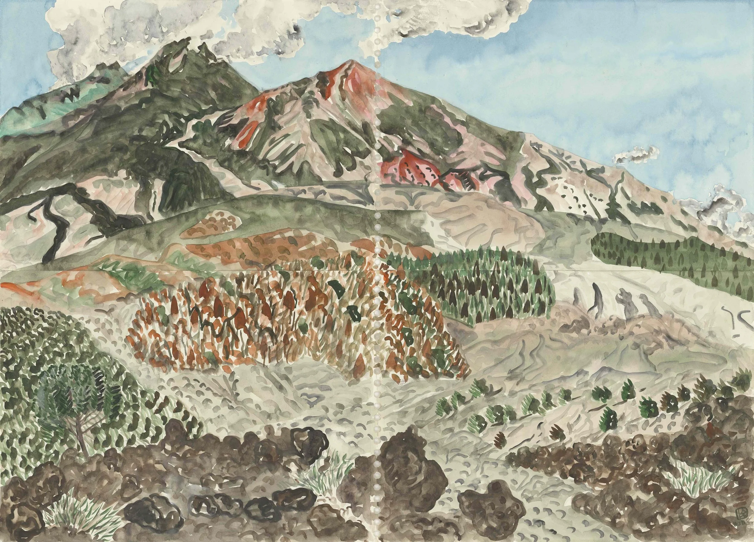 A watercolor painting of a mountain with smoke and clouds in the sky, surrounded by forested hills and filled with various shades of green, brown, and gray.