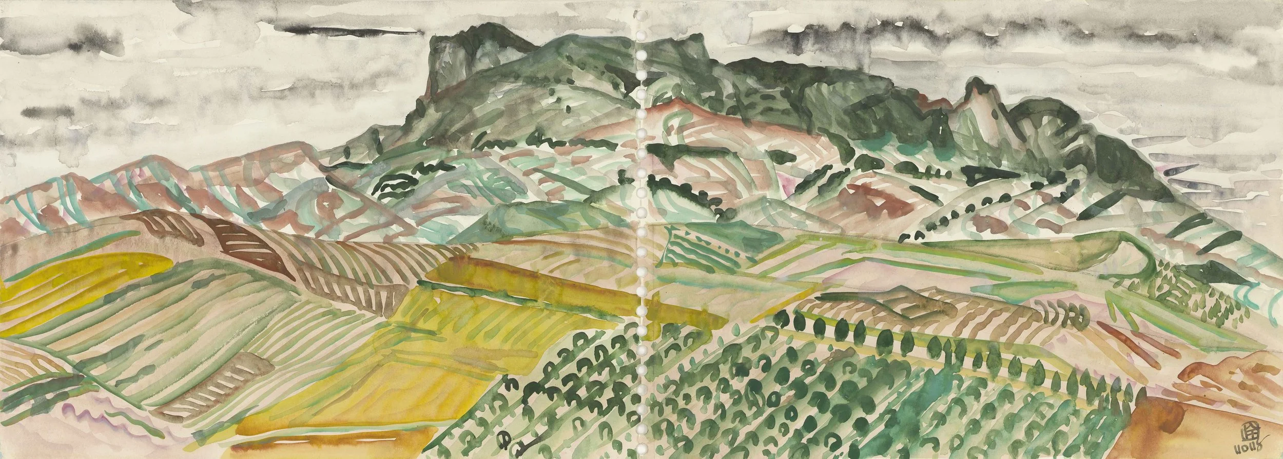 A watercolor painting of a mountain landscape with green, brown, and yellow fields, rolling hills, and a cloudy sky.