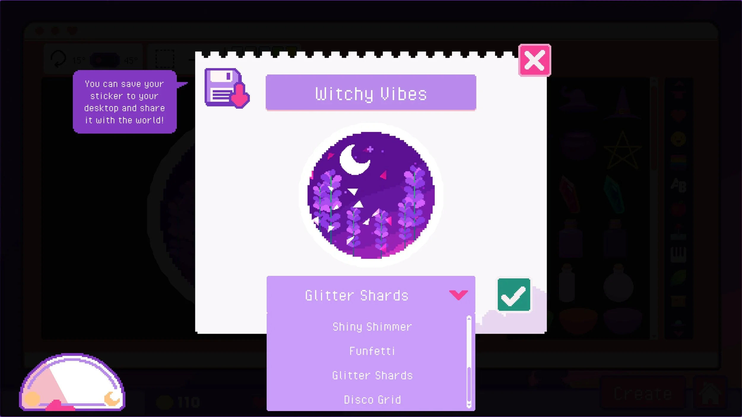 Sticky Business Screenshot: Glitter Paper Selection for a circle shaped purple sticker with flowers and a moon.