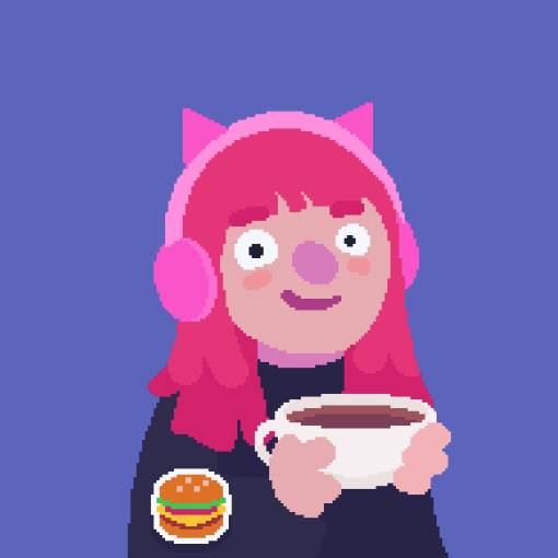 Pixel art avatar of Kathrin: A woman with light skin and red hair holding a coffee cup and wearing pink headphones. Morphs into a real life photo of Kathrin upon hovering.