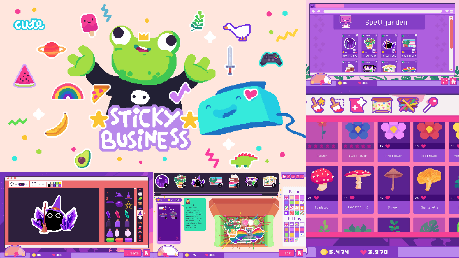 A collage with the Sticky Business cover art and different screenshots from the game. Colorful pixel art sticker shop creations.