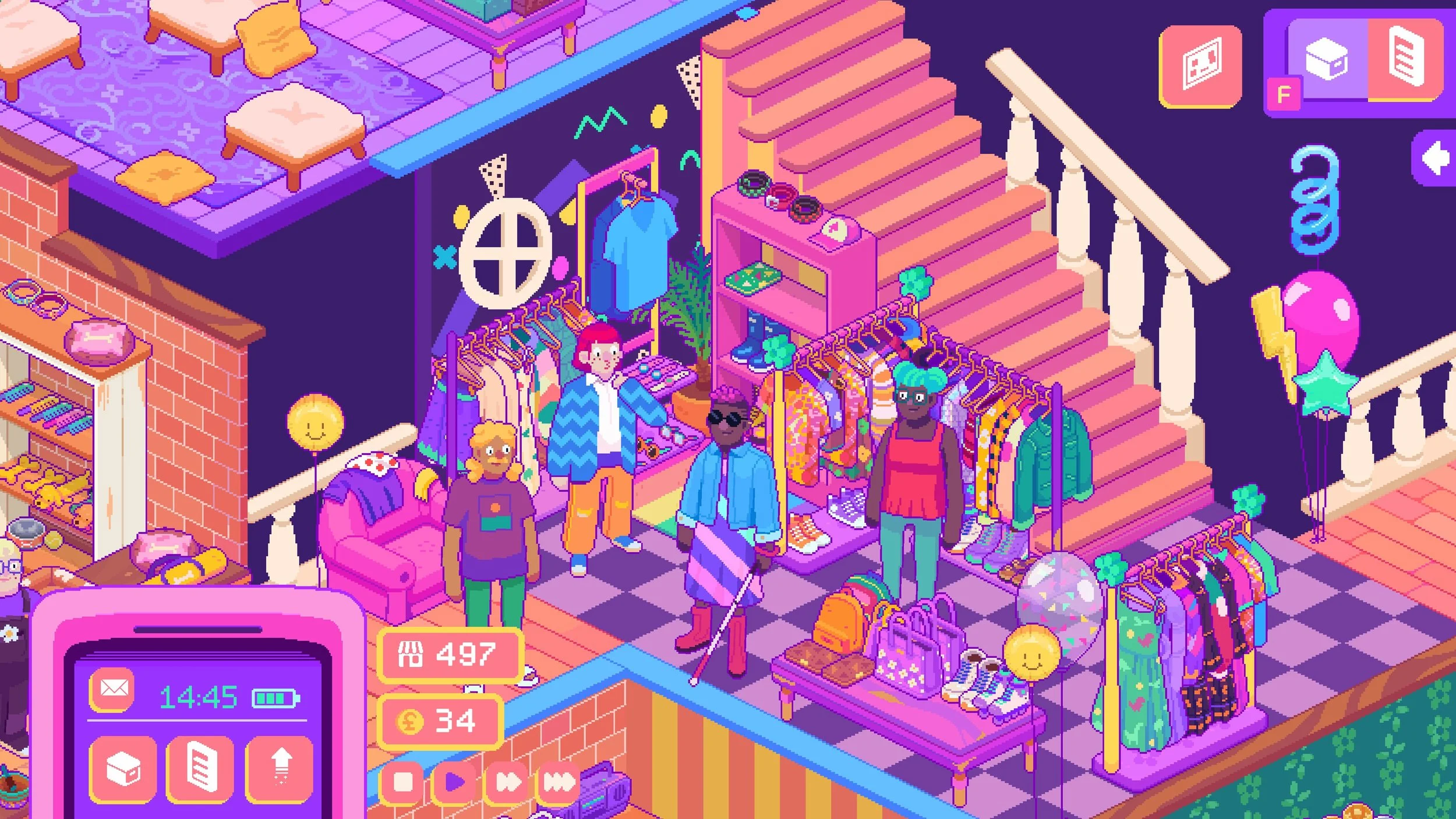 Thrifty Business Screenshot: Showing a shop overview in a 90s arcade style with lots of clothing items. There's some customers walking around inspecting the wares.