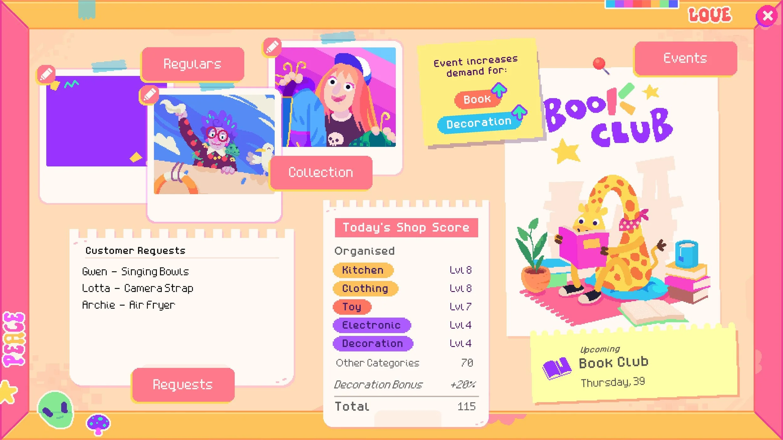 Thrifty Business Screenshot: Showing the in-game pinboard that holds some customer photos from finished storylines, an event poster for a book club, our shop score overview for the day and some customer item requests.