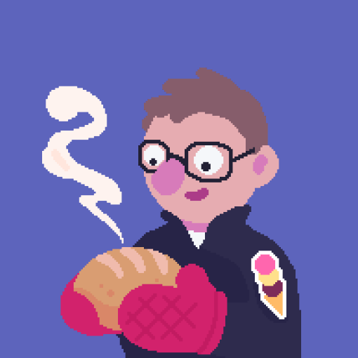 Pixel art avatar of Kasimir. A light-skinned man with brown hair and glasses holding a steaming loaf of bread. Morphs into an actual photo of Kasi upon hovering.