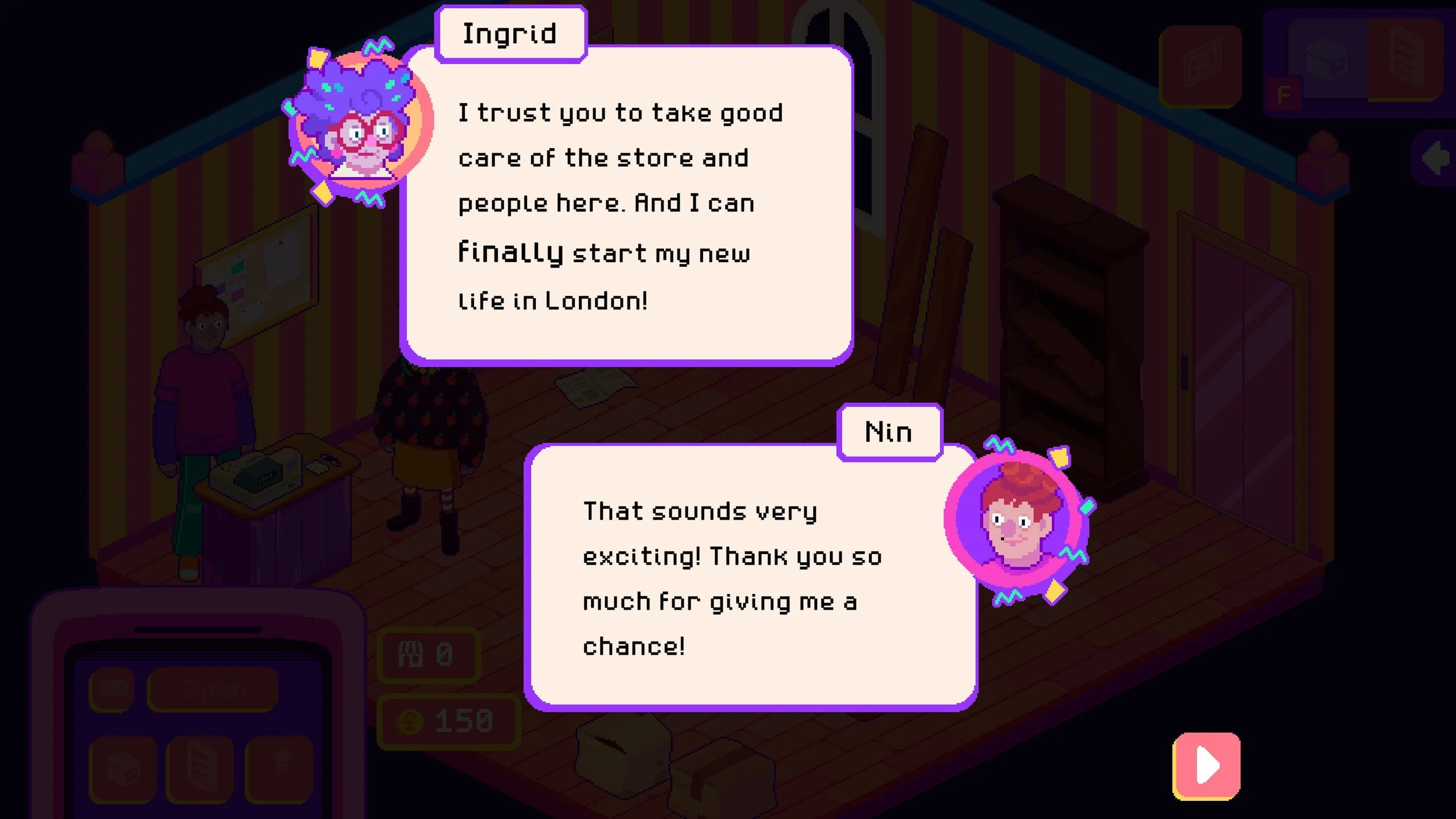 Thrifty Business Screenshot: Showing a conversation between the player character and Ingrid, the previous shop owner. We're talking about taking over the store and Ingrid moving to London.