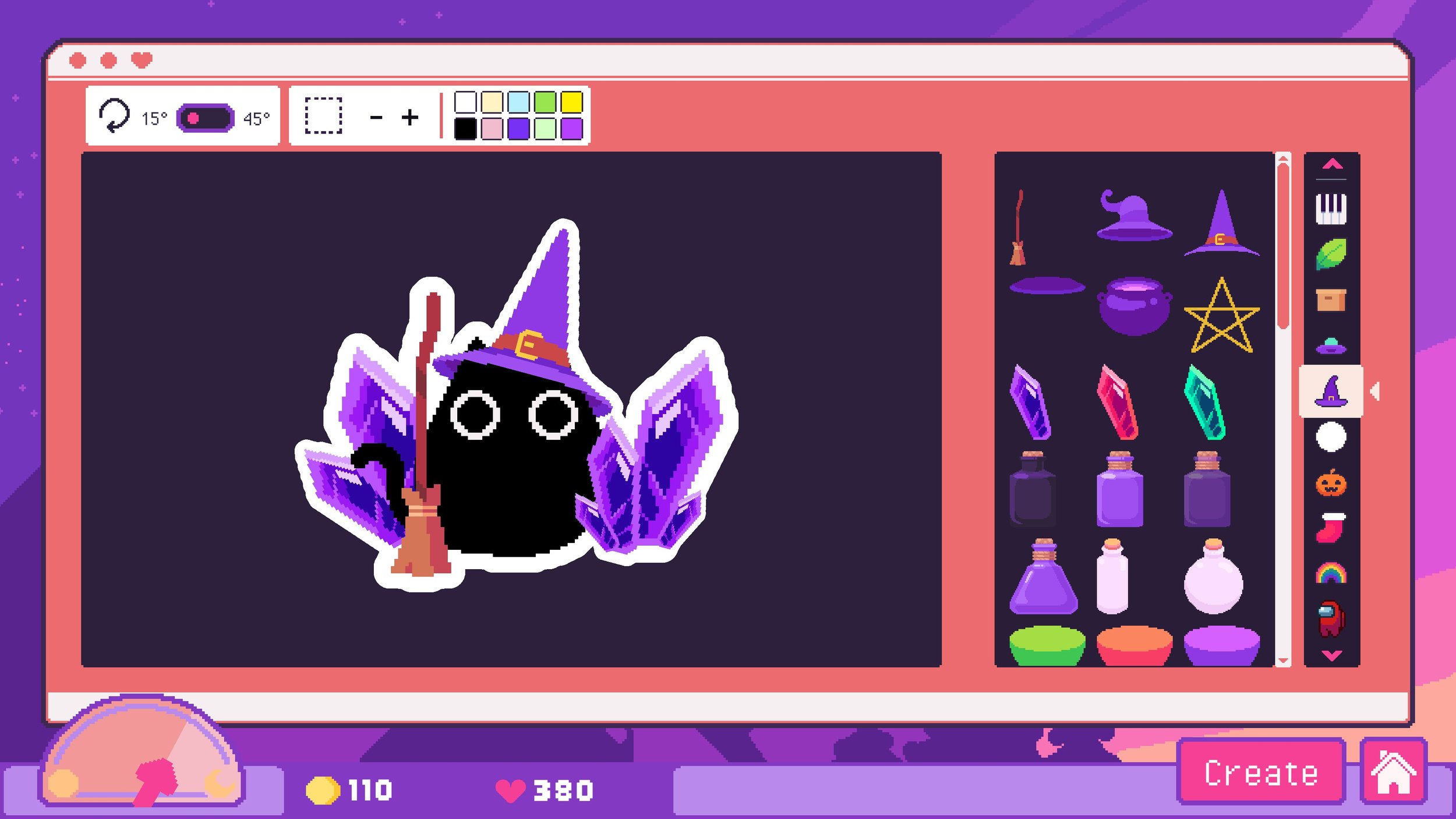 Sticky Business Screenshot: Sticker Creator showing a sticker with a black cat, witches hat and some crystals around it.
